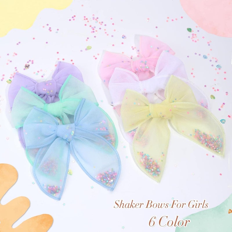 C.N. 6 PCS Tulle Hair Bows for Girls, Toddler Bows with Glitter Star Alligator, Colorful Hair Barrettes Wedding Hair Grips Accessories for Baby Girls Infants Toddler Teens Party (Type A) - Image 4